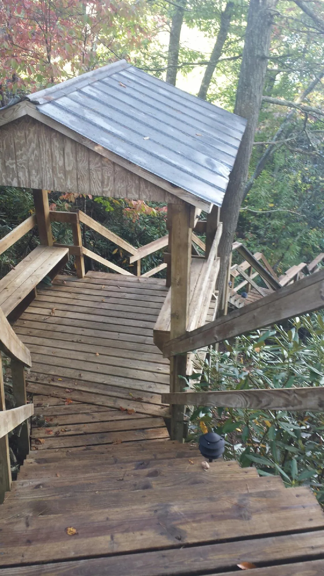 Metal roofed shelter over wooden steps on a wooded walkway — Skylight Repair & Installation work by our crew in Touchet